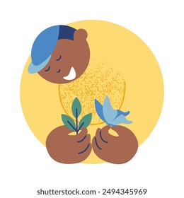 Back to school! Schoolchild studies plants and animals. Biology lesson. Sketch vector illustration.