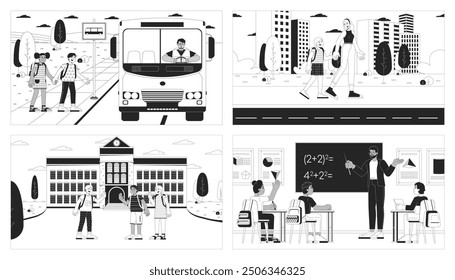 Back to school schoolchildren black and white line illustrations set. Diverse schoolgirls schoolboys 2D characters monochrome backgrounds. September primary school outline vector images collection