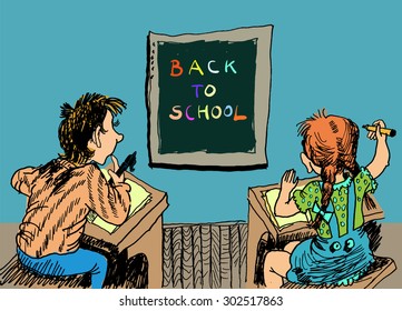 Back to school. Schoolchildren with blackboard, sitting at their desks. Vector cartoon