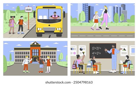 Back to school schoolchildren cartoon flat illustrations set. Diverse schoolgirls schoolboys 2D characters colorful backgrounds. September primary school scenes vector storytelling images collection