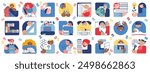 Back to school! Schoolchildren with school learning objects. Student study and education icons. Science set. Sketch vector illustration.