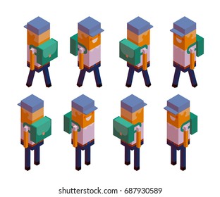 Back to school, schoolchildren, schoolboy. Creative people collection. 3d boy in school uniform with a knapsack stands and goes. Set of isometric characters. Vector illustration isolated on white 