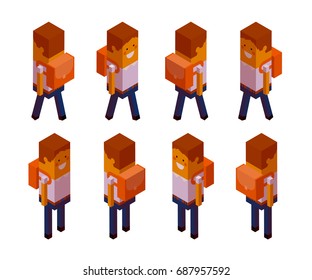Back to school, schoolchildren, schoolboy. Creative people collection. 3d boy in school uniform with a knapsack stands and goes. Set of isometric characters. Vector illustration isolated on white