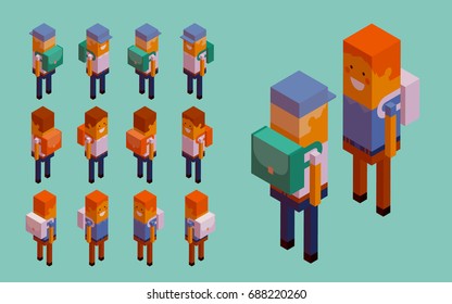 Back to school, schoolchildren, schoolboy. Creative people collection. 3d boy in school uniform with a knapsack stands and goes. Set of isometric characters. Isolated objects Vector 