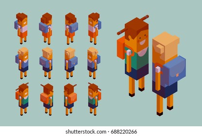Back to school, schoolchildren, schoolgirl. Creative people collection. 3d girl in school uniform with a knapsack stands and goes. Set of isometric characters. Isolated objects Vector 