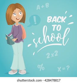 Back to school. Schoolgirl with book. Funny cartoon character. Vector illustration