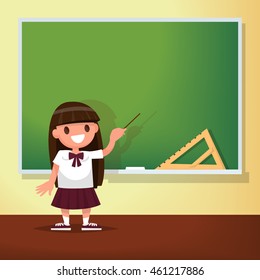 Back to school. Schoolgirl meets at the blackboard. Vector illustration of a flat design
