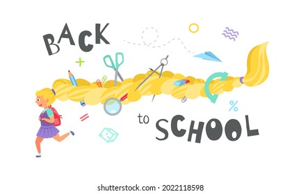 Back to school. A schoolgirl runs to class, her long hair has various stationery. Education concept with an inscription. Vector flat illustration