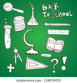 Back to School science icons on green background.