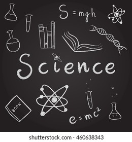 Back to School: science, lab, kids objects, teen stuff and faces doodle vintage style sketches. Science lettering. Chalk on blackboard stylized vector illustration.