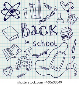 Back to School: science, lab, kids objects, teen stuff and faces doodle vintage style sketches with lettering. Ink on grid sheet stylized vector illustration.