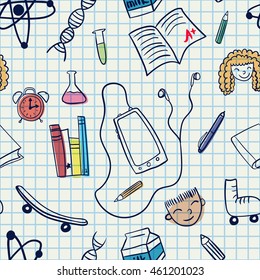 Back to School: science, lab, kids objects, teen stuff and faces doodle vintage style sketched and colored seamless pattern. Ink and highlighter (marker) on grid sheet stylized vector illustration.