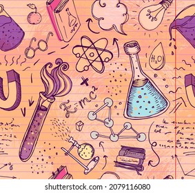 Back to School: science lab objects doodle vintage style sketches seamless pattern, vector illustration. Doodle lab equipment. Note book page paper.Biology geology alchemy chemistry. Tattoo elements. 