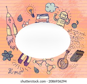 Back to School: science lab objects doodle vintage style sketches seamless pattern, vector illustration. Doodle lab equipment. Note book page paper.Biology geology alchemy chemistry. Tattoo elements. 