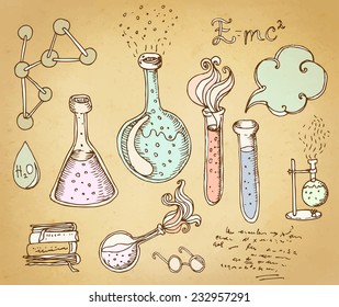 Back to School: science lab objects doodle vintage style sketches set, vector illustration. 