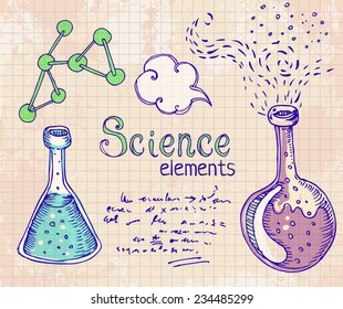 Back to School: science lab objects doodle vintage style sketches set, vector illustration. 