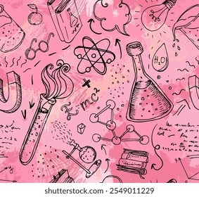 Back to School: science lab objects doodle vintage style sketches seamless pattern, vector illustration.