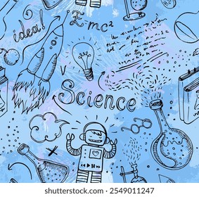 Back to School: science lab objects doodle vintage style sketches seamless pattern, vector illustration.