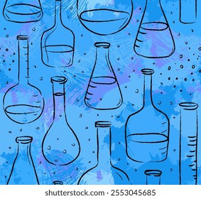 Back to School: science lab objects doodle vintage style sketches seamless pattern, vector illustration.