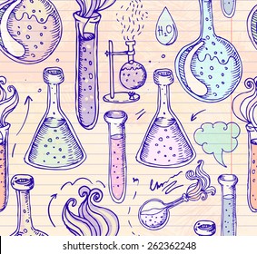 Back to School: science lab objects doodle vintage style sketches seamless pattern, vector illustration. 