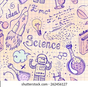 Back to School: science lab objects doodle vintage style sketches seamless pattern, vector illustration. 