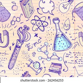 Back to School: science lab objects doodle vintage style sketches seamless pattern, vector illustration. 