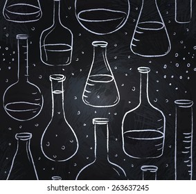 Back to School: science lab objects doodle vintage style sketches seamless pattern, vector illustration over a blackboard 