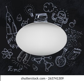 Back to School: science lab objects doodle vintage style sketchy composition, vector illustration over a blackboard 