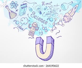 Back to School: science lab objects with magnet, educational concept, vector illustration isolated on white. 