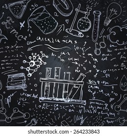 Back to School: science lab objects doodle vintage style sketches seamless pattern, vector illustration over a blackboard 
