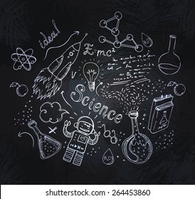 Back To School: Science Lab Objects Doodle Vintage Style Sketchy Frame, Vector Illustration Over A Blackboard 