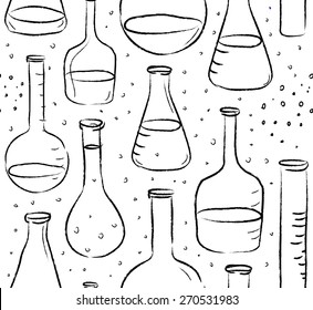 Back to School: science lab objects doodle vintage style sketches seamless pattern, vector illustration. 