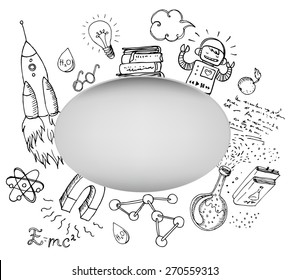 Back to School: science lab objects doodle vintage style sketchy composition, vector illustration isolated on white. 