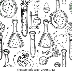 Back to School: science lab objects doodle vintage style sketches seamless pattern, vector illustration. 