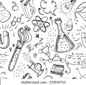 Back to School: science lab objects doodle vintage style sketches seamless pattern, vector illustration. 