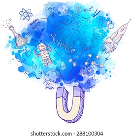 Back to School: science lab objects with magnet, educational concept, vector illustration isolated on white. 