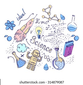 Back to School: science lab objects doodle vintage style sketchy composition, vector illustration isolated on white. Doodle lab equipment. 