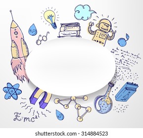 Back to School: science lab objects doodle vintage style sketchy frame, vector illustration isolated on white. 