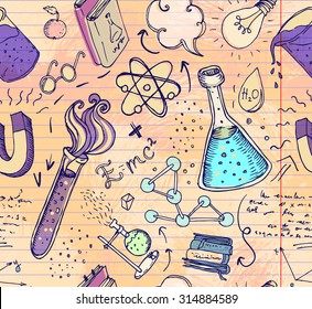 Back To School: Science Lab Objects Doodle Vintage Style Sketches Seamless Pattern, Vector Illustration. Doodle Lab Equipment. Note Book Page Paper.Biology Geology Alchemy Chemistry. Tattoo Elements. 