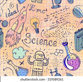 Back to School: science lab objects doodle vintage style sketches seamless pattern, vector illustration. Doodle lab equipment. Note book page paper.Biology geology alchemy chemistry. Tattoo elements. 