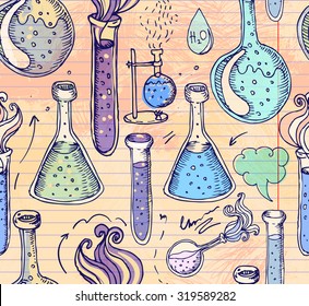 Back to School: science lab objects doodle vintage style sketches seamless pattern, vector illustration. Doodle lab equipment. Note book page paper.Biology geology alchemy chemistry. Tattoo elements. 