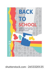 De volta à escola Poster do laboratório de ciência com menina cientista e ícones de química