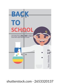 De volta à escola Poster do laboratório de ciência com menina cientista e ícones de química