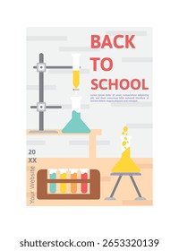 De volta à escola Poster do laboratório de ciência com menina cientista e ícones de química