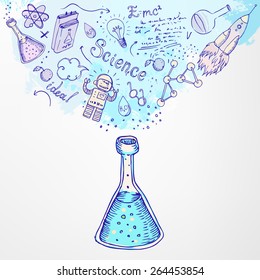 Back to school: Science learning symbols from bulb. Education concept. Vector illustration.