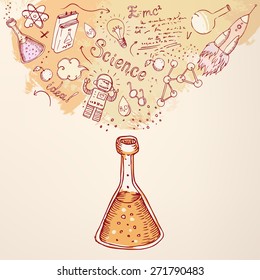 Back to school: Science learning symbols from bulb. Education concept. Vector illustration.