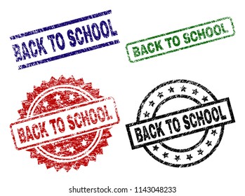 BACK TO SCHOOL seal prints with corroded style. Black, green,red,blue vector rubber prints of BACK TO SCHOOL title with grunge style. Rubber seals with round, rectangle, medal shapes.