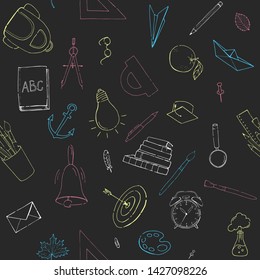 Back to school  seamless background. Funny seamless pattern with school supplies on chalkboard background