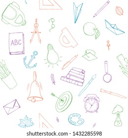 Back to school  seamless background. Funny seamless pattern with school supplies  and creative elements.  Hand-drawn seamless pattern.