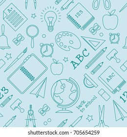 Back to school seamless background with hand drawn supplies and elements vector illustration